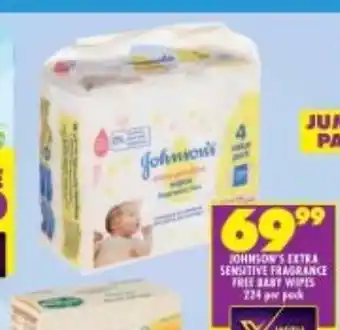Shoprite Johnson's Extra Sensitive Fragrance Free baby Wipes 224 per pack offer