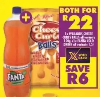 Shoprite Willards Cheese Curls Balls all variants 100g +Fanta Cold Drink all variants 1,5L offer