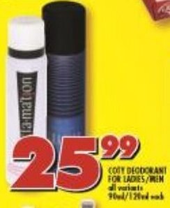 Shoprite Coty Deodorant for Ladies/Men all variants 90ml/120ml offer