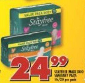 Shoprite Stayfree Maxi Sanitary Pads 16/20 per pack offer