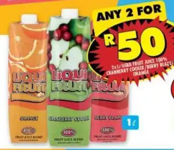 Shoprite Liquor Liqui Fruit Juice 100% Cranberry Cooler / Berry Blaze / Orange 2 x 1L offer