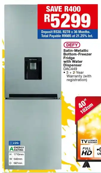 OK Furniture Defy - Satin-Metallic Bottom-Freezer Fridge with Water Dispenser DAC449 offer