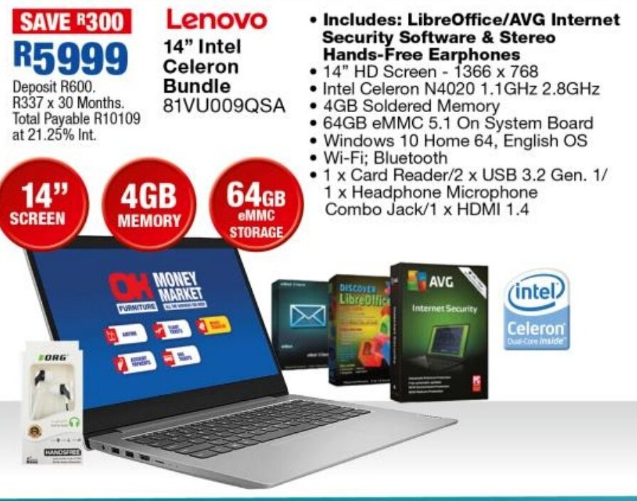 Lenovo 14" Intel Celeron Bundle offer at OK Furniture