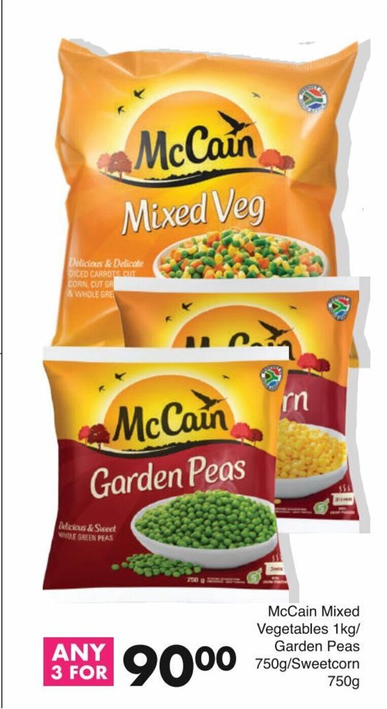 McCain Mixed Vegetables 1kg / Garden Peas 750g / Sweetcorn 750g offer