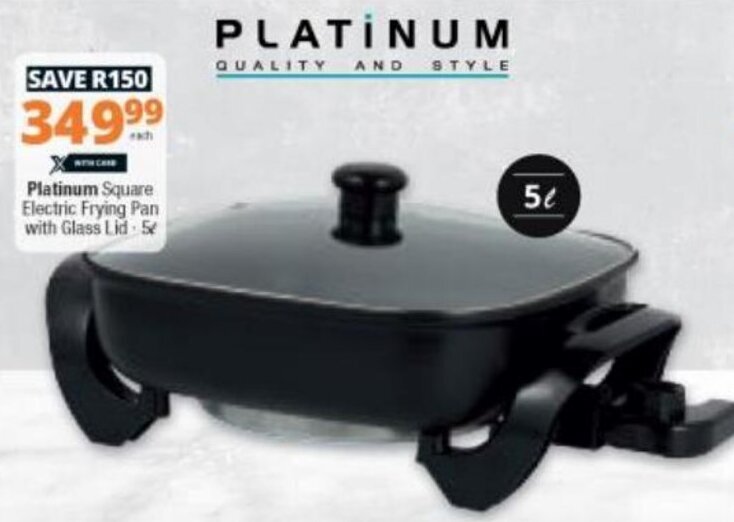 Platinum Square Electric Frying Pan with Glass Lid 5L offer at Checkers