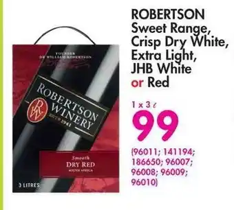 Makro Robertson Sweet Range, Crisp Dry White, Extra Light, JHB White or Red 1x3L offer