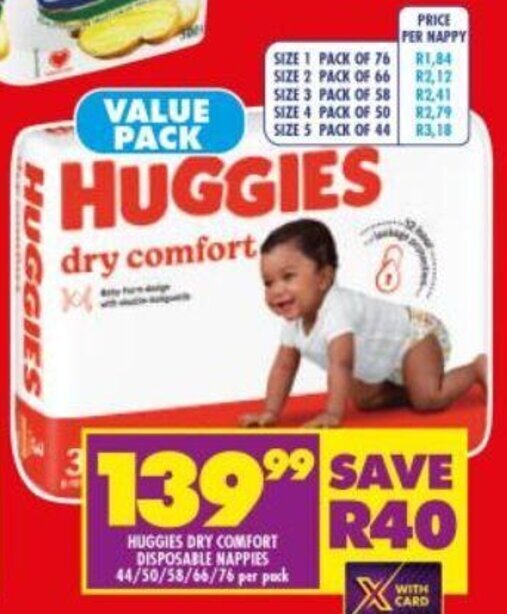 Huggies Dry Comfort Disposable Nappies 44/50/53/66/76 per Pack offer at