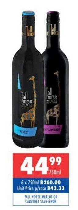 Ultra Liquors Tall Horse Merlot or Cabernet Sauvignon 750ml offer