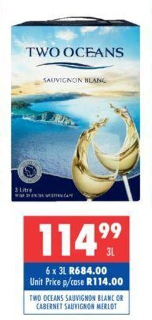 Ultra Liquors Two Oceans Sauvignon Blanc or Cabernet Sauvignon Merlot 3L offer