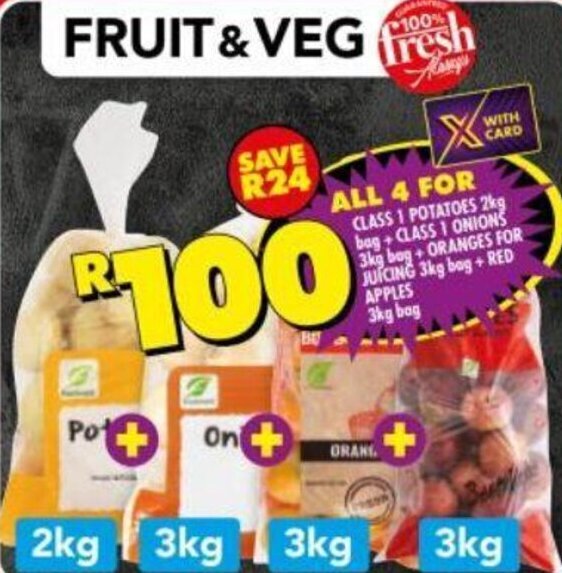 Class 1 Potatoes 2kg bag + Class 1 Onions 3kg Bag + Oranges for Juicing