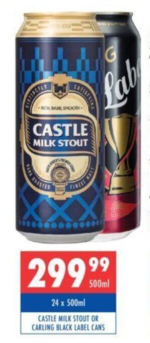 Ultra Liquors Castle Milk Stout or Carling Black Label Cans 500ml offer