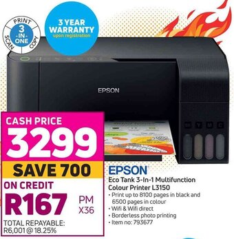 Game Epson Eco Tank 3-In-1 Multifunction Colour Printer L3150 offer