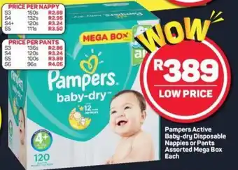 Pick n Pay Pampers Active Baby-Dry Disposable Nappies or Pants Assorted Mega Box each offer