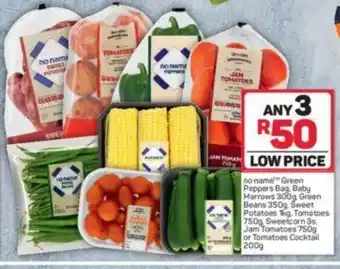 Pick n Pay No Name™ Green Peppers Bag, Baby Marrows 300g, Green Beans 350g, Sweet Potatoes 1kg, Tomatoes 750g,Sweetcorn 3s, Jam Tomatoes offer