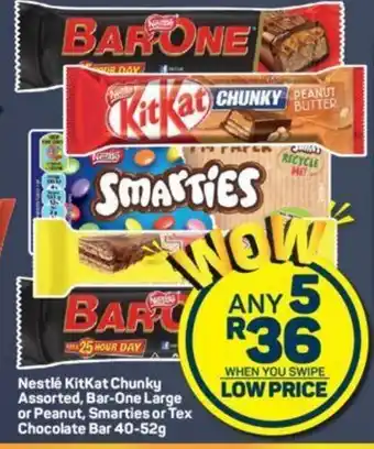 Pick n Pay Nestle Kitkat Chunky Assorted, Bar-One Large or Peanut, Smarties or Tex Chocolate Bar 40-52g offer