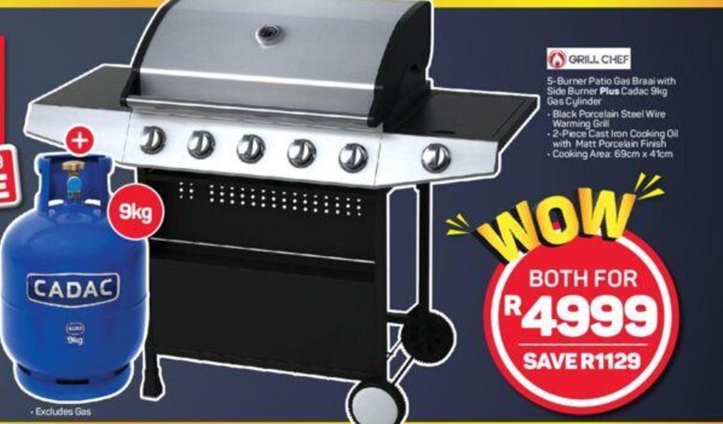 Grill Chef 5Burner Patio Gas Braai with Side Burner plus Cadac 9kg Gas