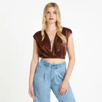 Women's chocolate brown satin boxy top with shoulder pads